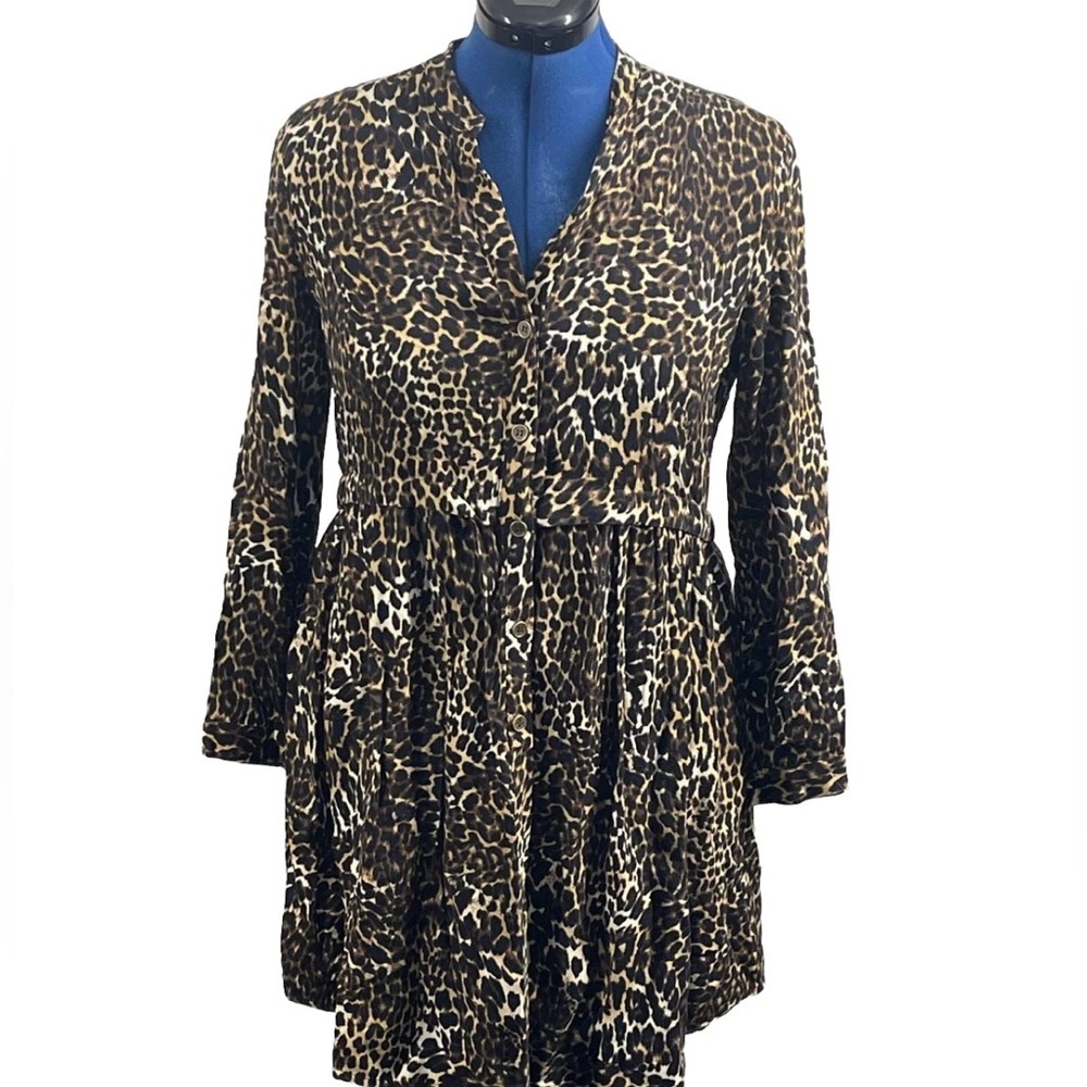 Zara Women  Animal Print Leopard‎ Button Up Baby Doll Long Sleeve Dress Sz Small